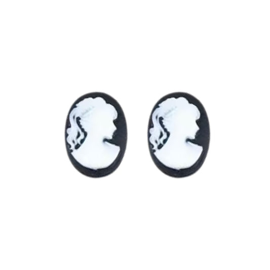Cameo Lady Face Silhouette Flat Back Oval Cabochon 18x13mm Black & White, set of 2