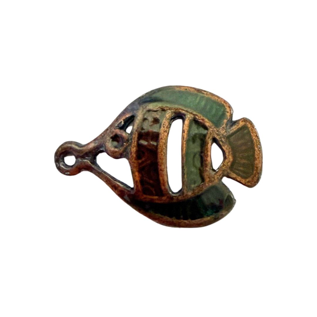 Charm, Enamel Fish, 17x25mm Antique Copper with Green