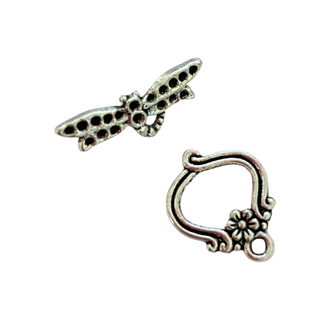 Clasp, Toggle, Dragonfly with Flower Loop, Antique Silver