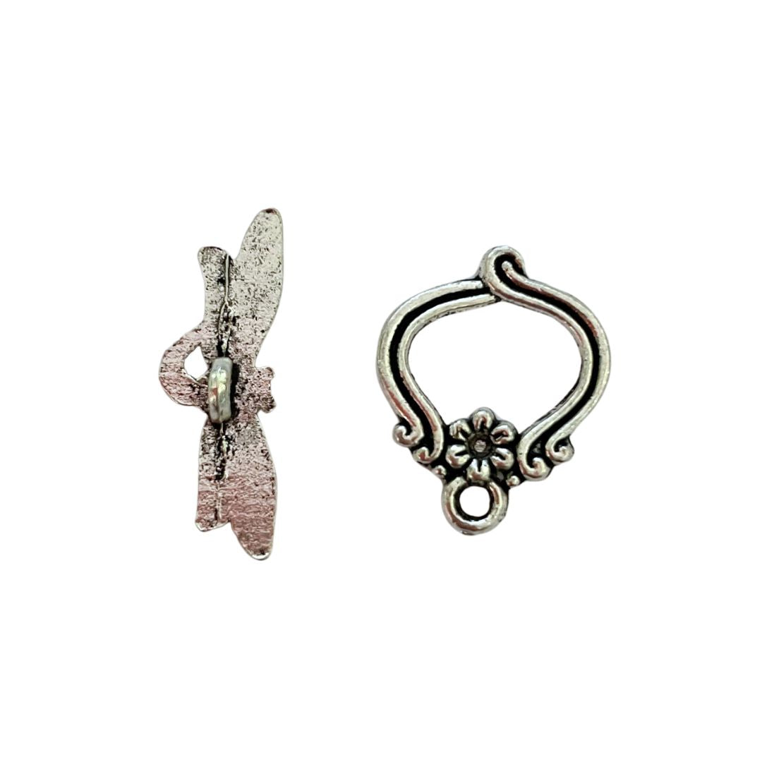 Clasp, Toggle, Dragonfly with Flower Loop, Antique Silver