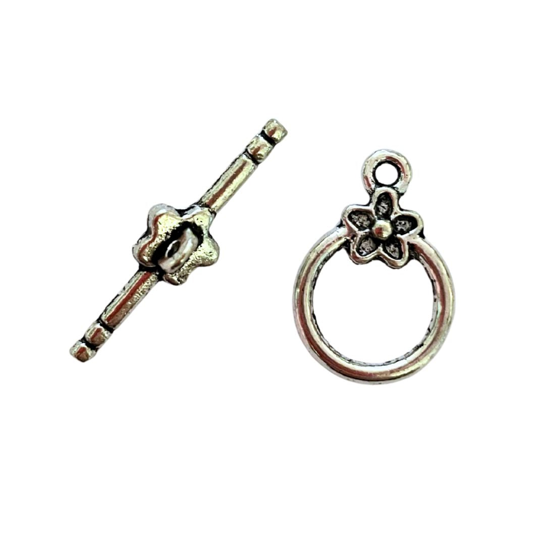 Clasp, Toggle with flower detail, Antique Silver