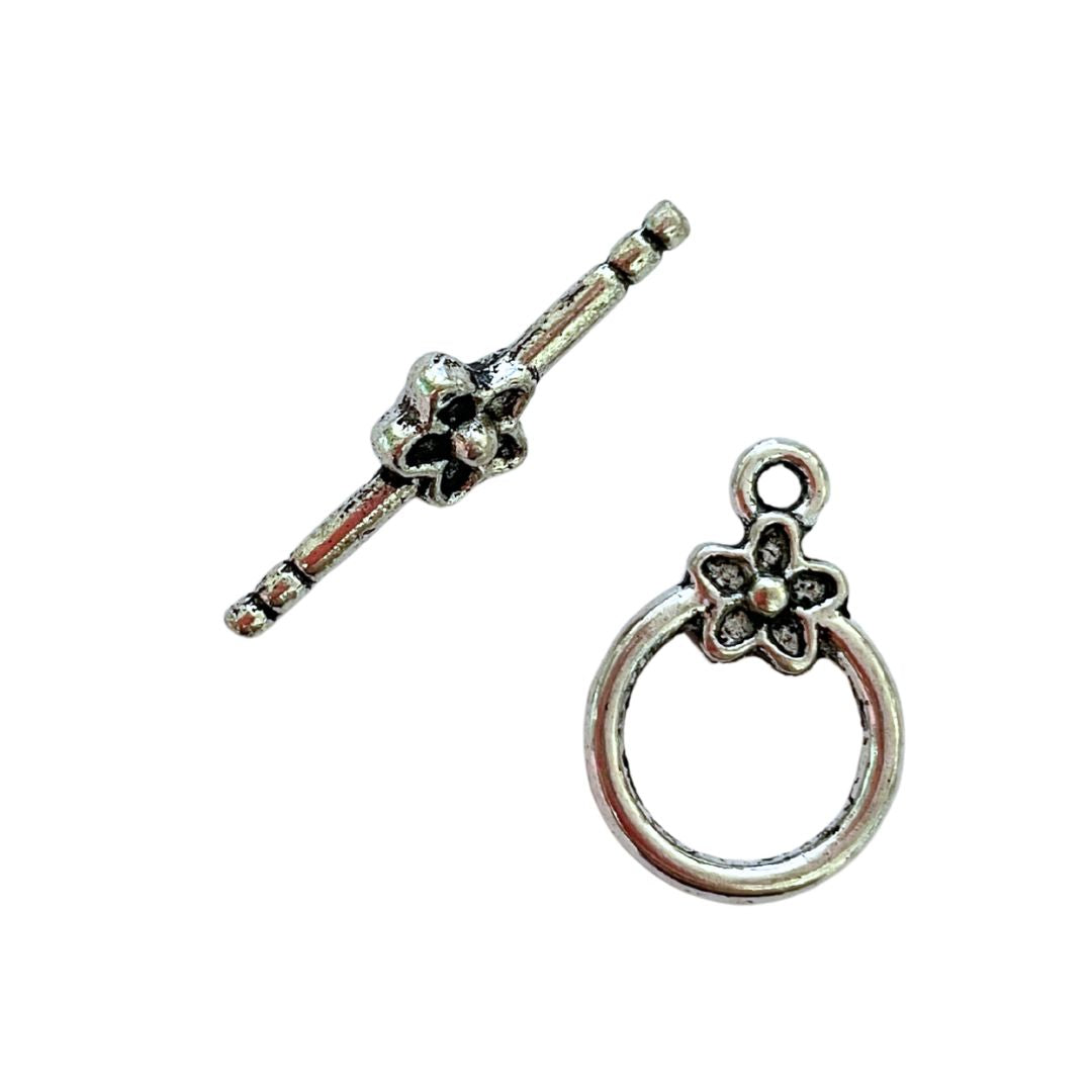 Clasp, Toggle with flower detail, Antique Silver