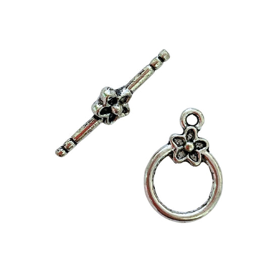 Clasp, Toggle with flower detail, Antique Silver