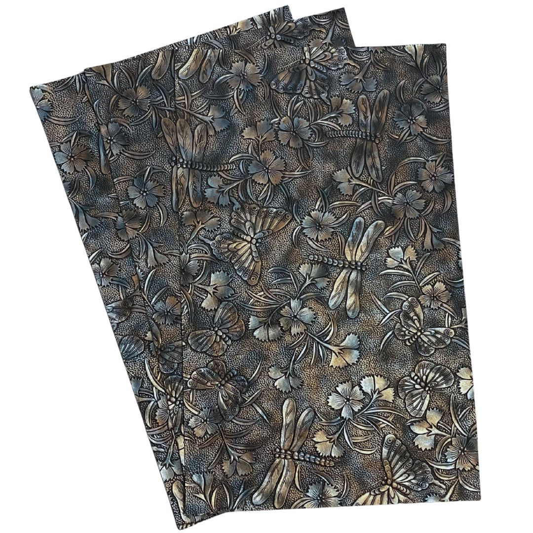 Dark Blue & Antique Gold on Black Metallic Gradient Dragonfly & Butterfly Embossed Faux Leather Sheet
