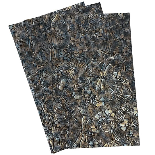 Dark Blue & Antique Gold on Black Metallic Gradient Dragonfly & Butterfly Embossed Faux Leather Sheet