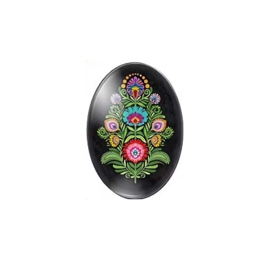 Folk Art Cabochon 25x18cm Black with Flowers