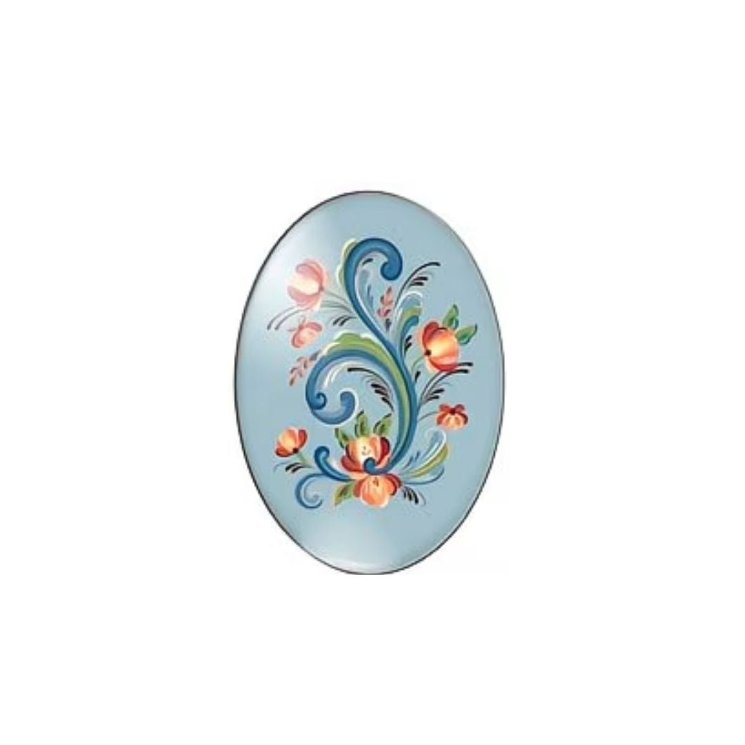 Oval Folk Art Cabochon 25x18cm Blue with Swirl Flowers
