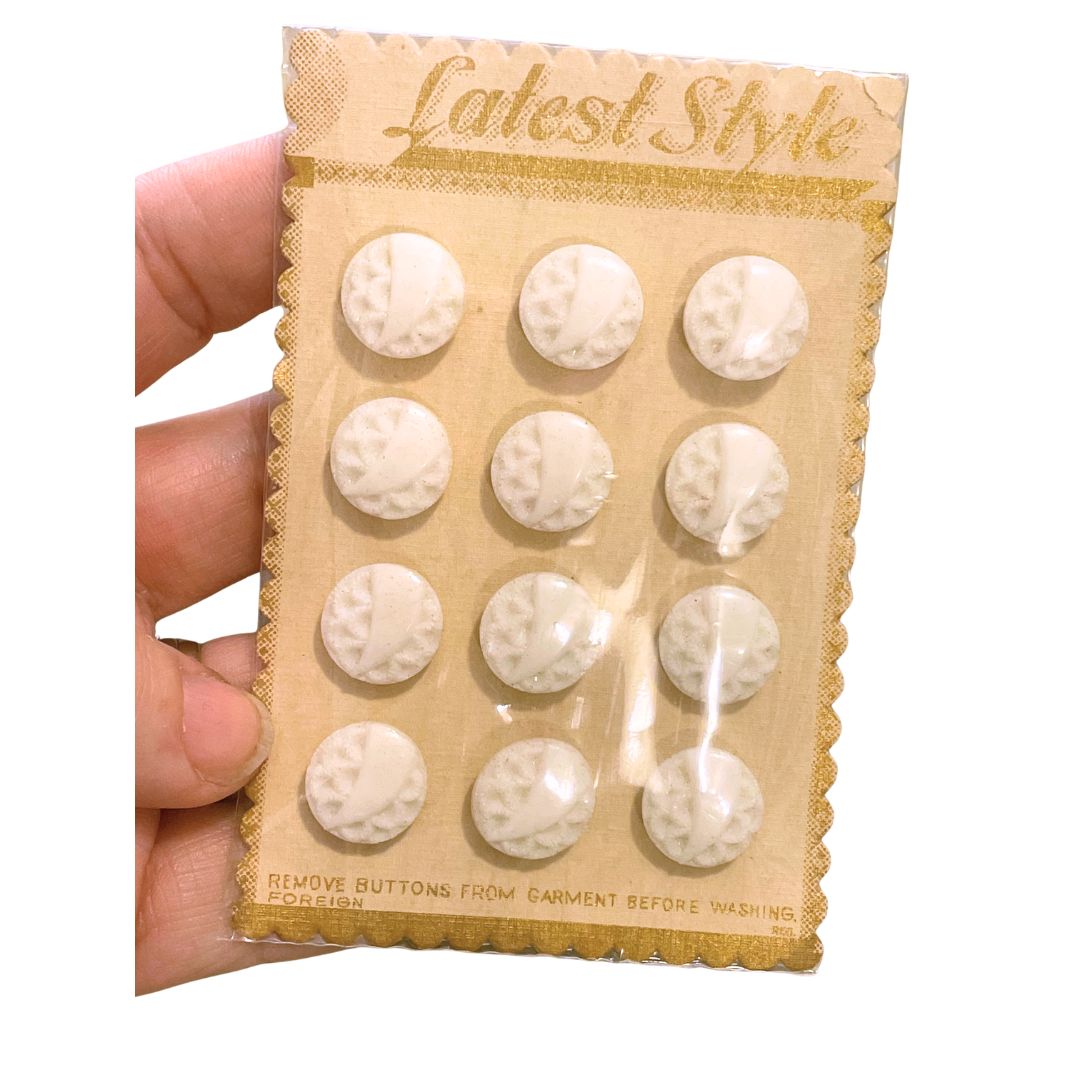 Glass Vintage Buttons on Original Card, 12 pack, 13mm Floral White