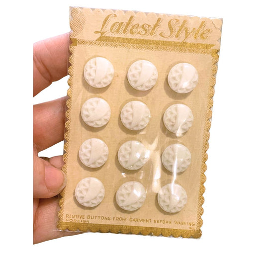 Glass Vintage Buttons on Original Card, 12 pack, 13mm Floral White