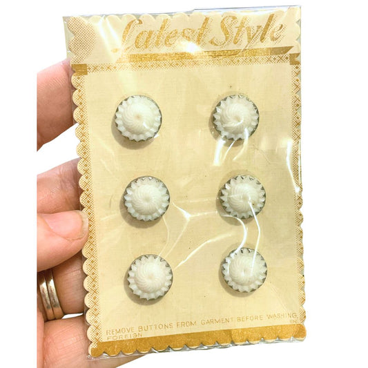 Glass Vintage Buttons on Original Card, 6 pack, 13mm Swirl White with Silver Accents