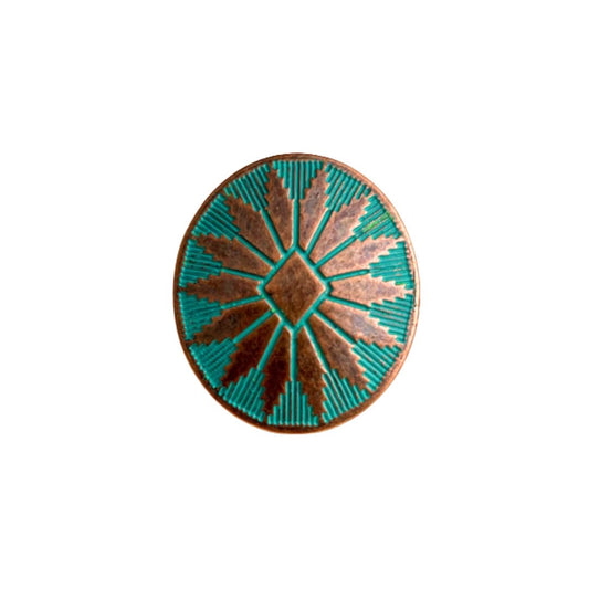 Metal Button Oval with Embossed Flower 25x22mm Copper Patina