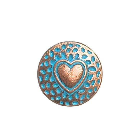 Metal Button with Embossed Heart 18mm Copper Patina