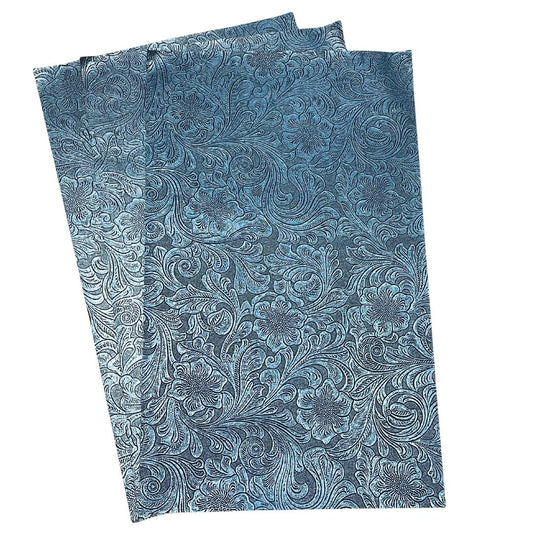 Metallic Blue Textured Faux Leather Sheet, Embossed Swirls Pattern