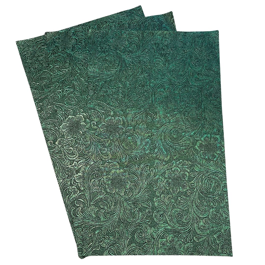 Metallic Green Textured Faux Leather Sheet, Embossed Swirls Pattern