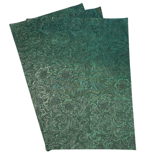 Metallic Green Textured Faux Leather Sheet, Embossed Swirls Pattern