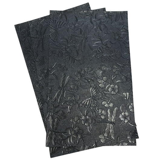 Plain Black Dragonfly & Butterfly Embossed Faux Leather Sheet