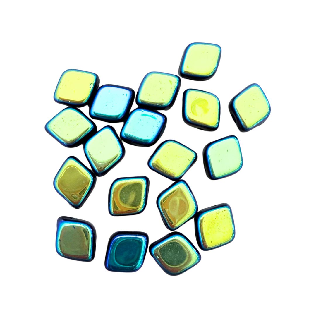 Pressed Czech Glass Beads, 2-Hole Flattened Diamond, 7x7mm, Black AB