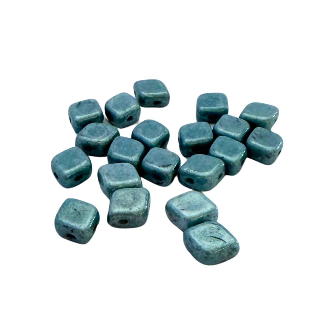 Pressed Czech Glass Beads, 2-Hole Flattened Diamond, 7x7mm, Blue Lustre