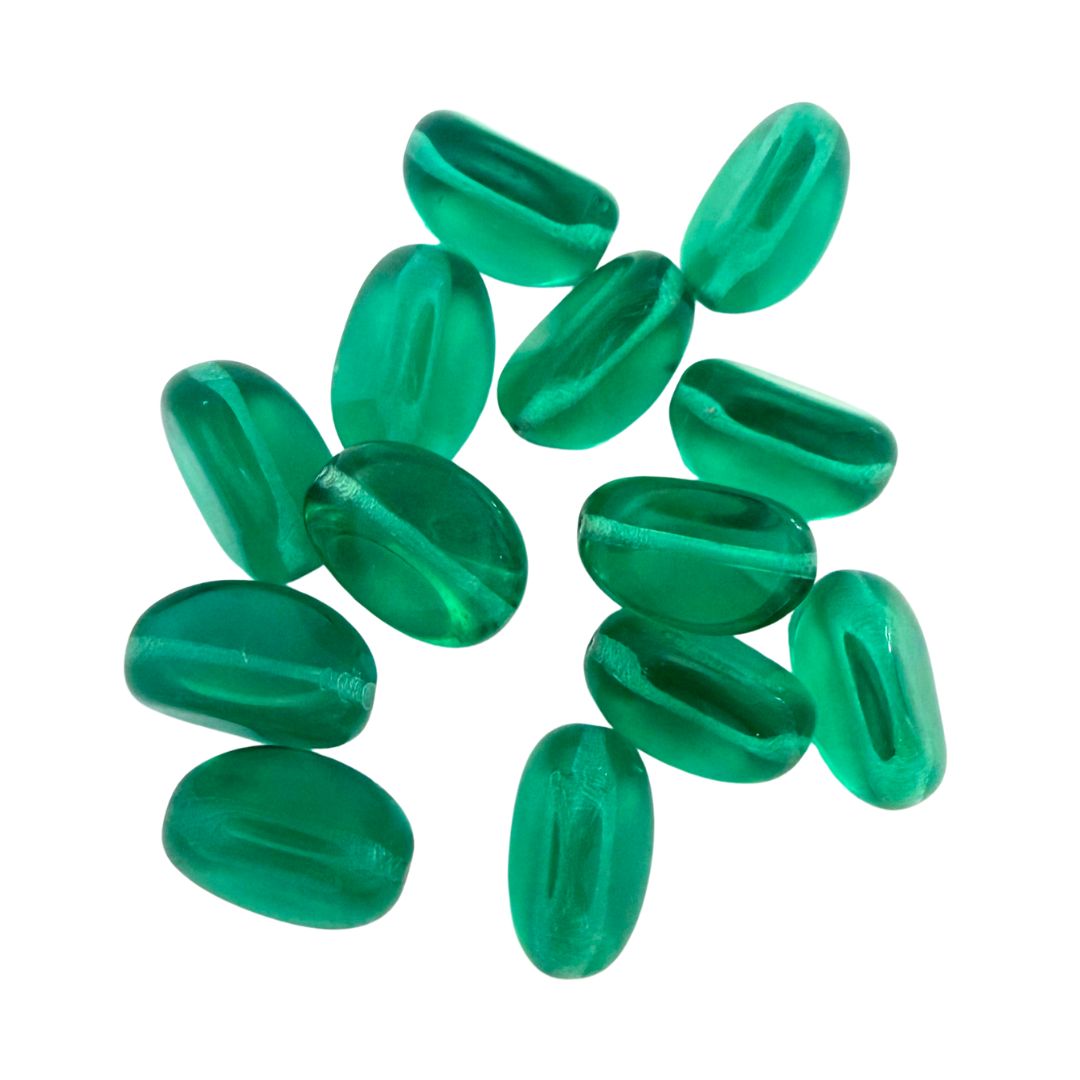 Pressed Czech Glass Beads, 3 sided Oval, 10x16mm, Transparent Emerald