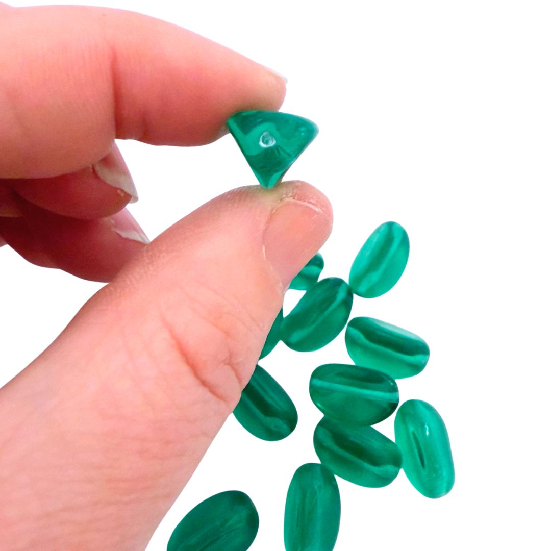 Pressed Czech Glass Beads, 3 sided Oval, 10x16mm, Transparent Emerald