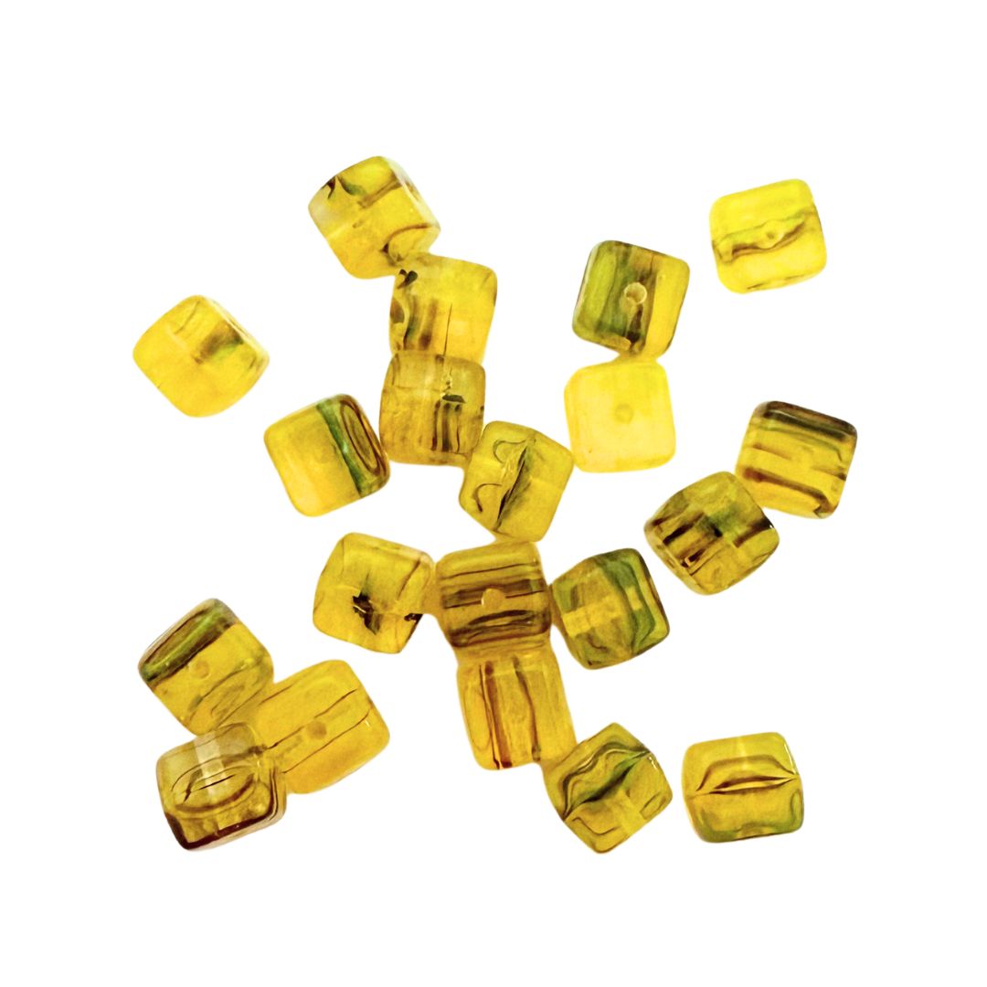 Pressed Czech Glass Beads, Cube, 5x5x5mm, Transparent Yellow with Brown Swirls