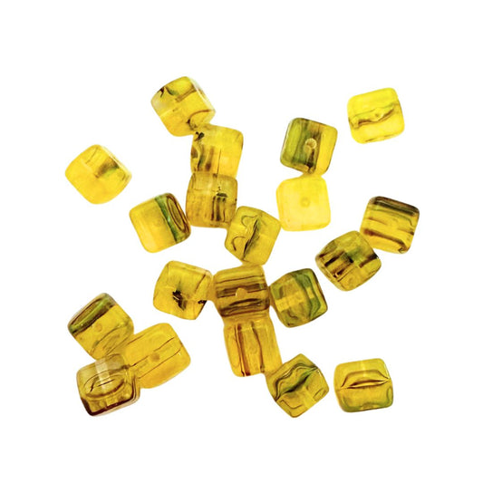 Pressed Czech Glass Beads, Cube, 5x5x5mm, Transparent Yellow with Brown Swirls
