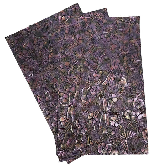 Purple & Redish Copper on Black Metallic Gradient Dragonfly & Butterfly Embossed Faux Leather Sheet