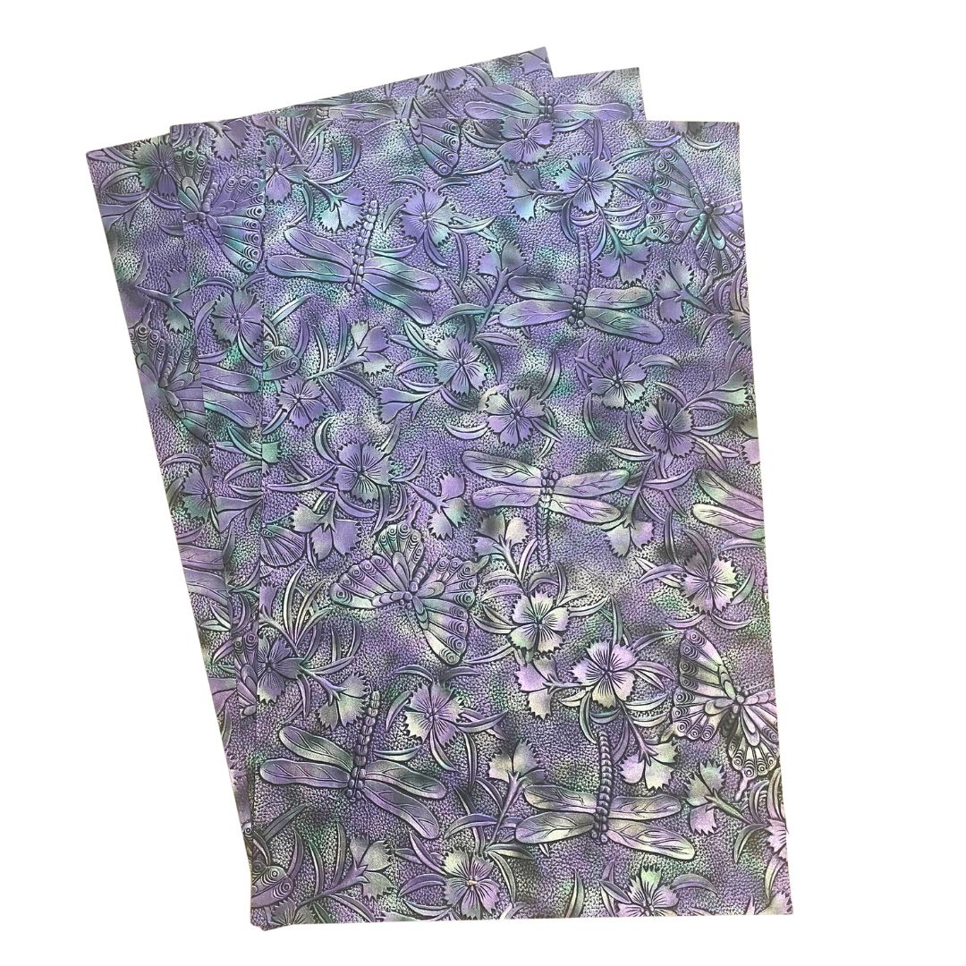 Purple and Green on Black Metallic Gradient Dragonfly & Butterfly Embossed Faux Leather Sheet