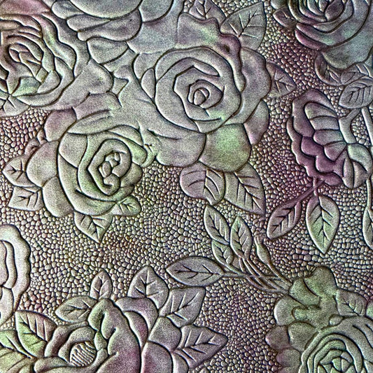 Purple and Green on Black Metallic Gradient Roses Embossed Faux Leather Sheet