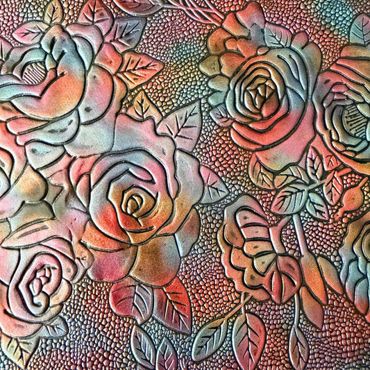 Red, Blue & Copper Gold on Black Metallic Gradient Roses Embossed Faux Leather Sheet