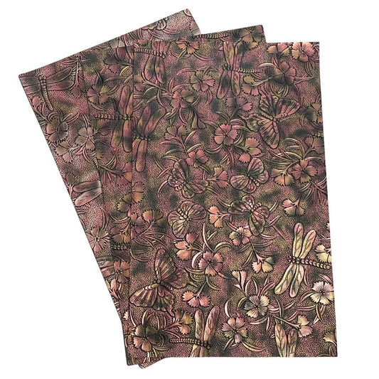 Red & Gold on Black Metallic Gradient Dragonfly & Butterfly Embossed Faux Leather Sheet