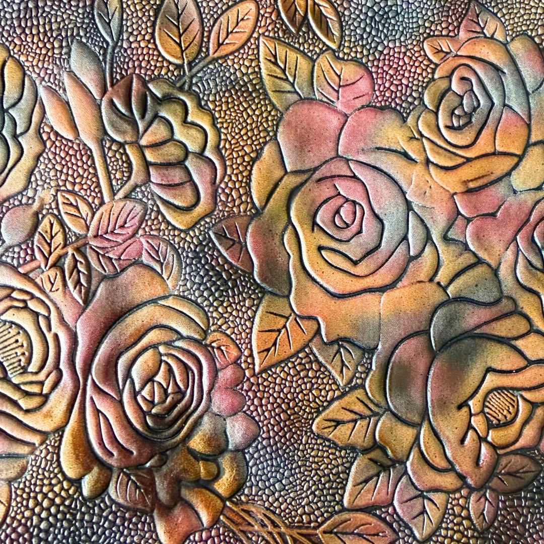 Red, Silver & Gold on Black Metallic Gradient Roses Embossed Faux Leather Sheet