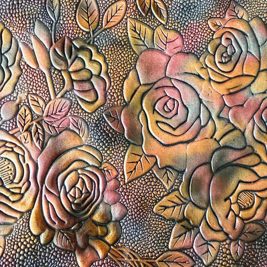 Red, Silver & Gold on Black Metallic Gradient Roses Embossed Faux Leather Sheet
