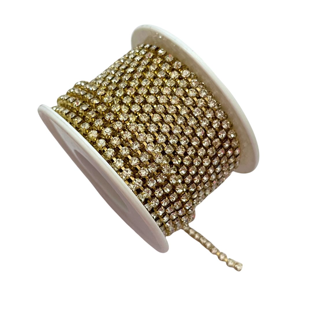 Rhinestone Cup Chain 2.5mm Gold with Crystal Stones