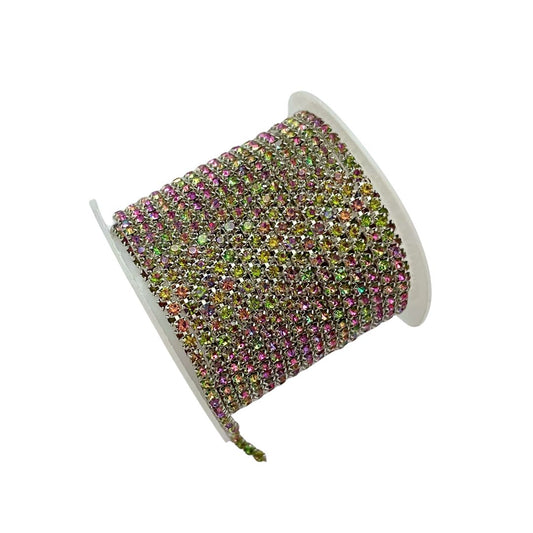 Rhinestone Cup Chain 2mm Silver with Chartreuse/Rose AB Stones