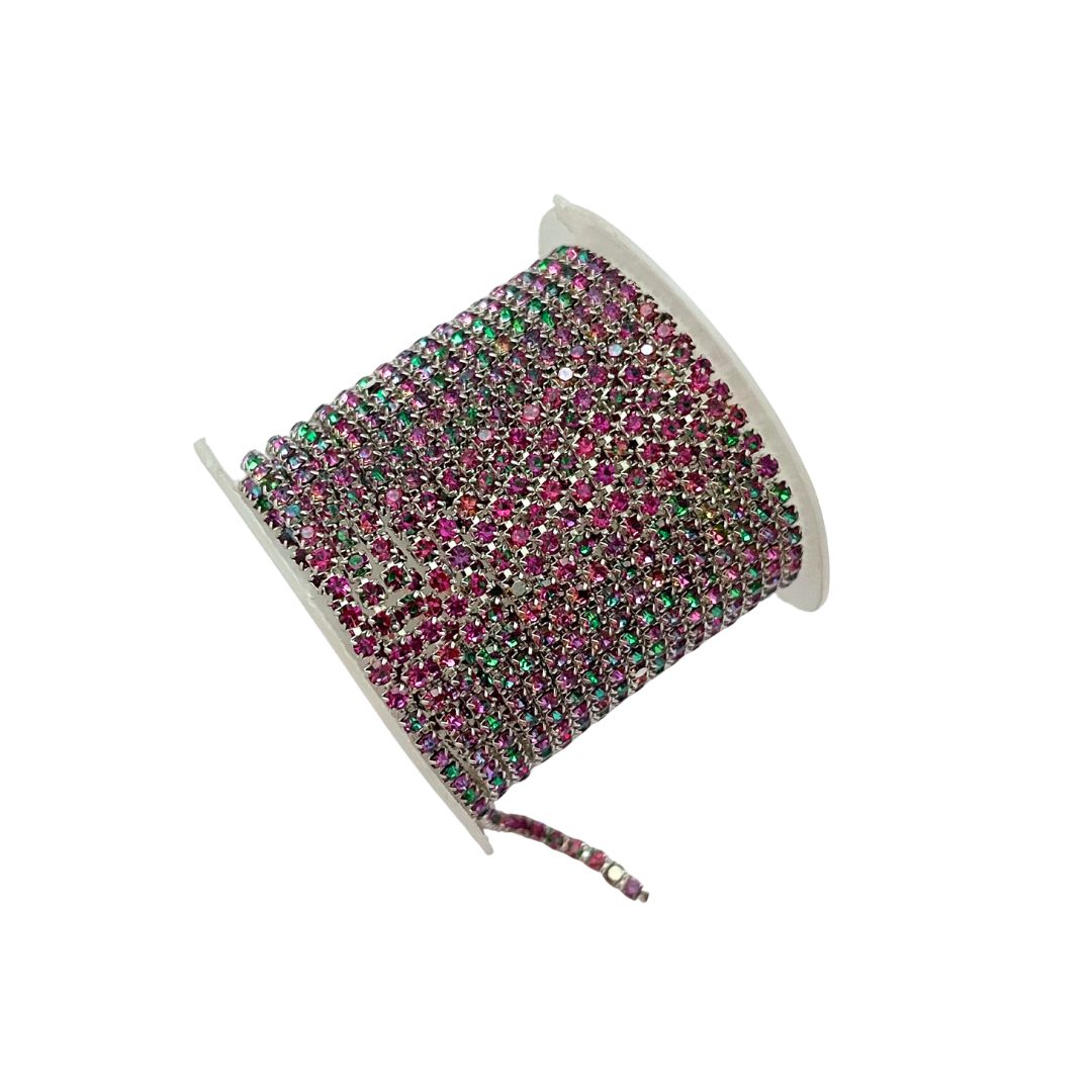 Rhinestone Cup Chain 2mm Silver with Emerald/Purple AB Stones