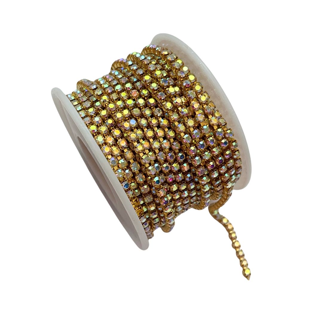 Rhinestone Cup Chain 3mm Gold with Crystal AB Stones