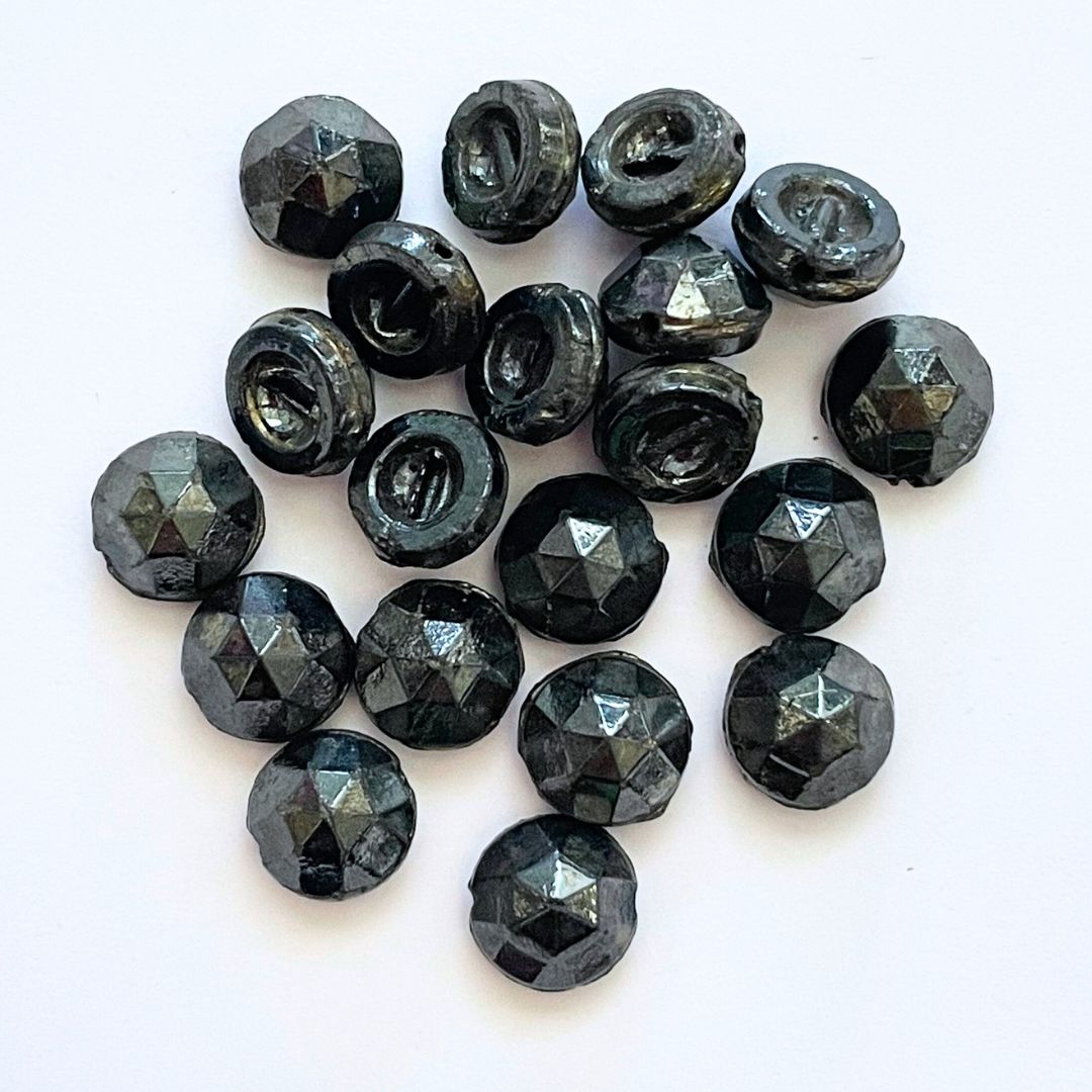 Pressed Glass Vintage Nail Head Beads 9mm Hematite, Pack of 20
