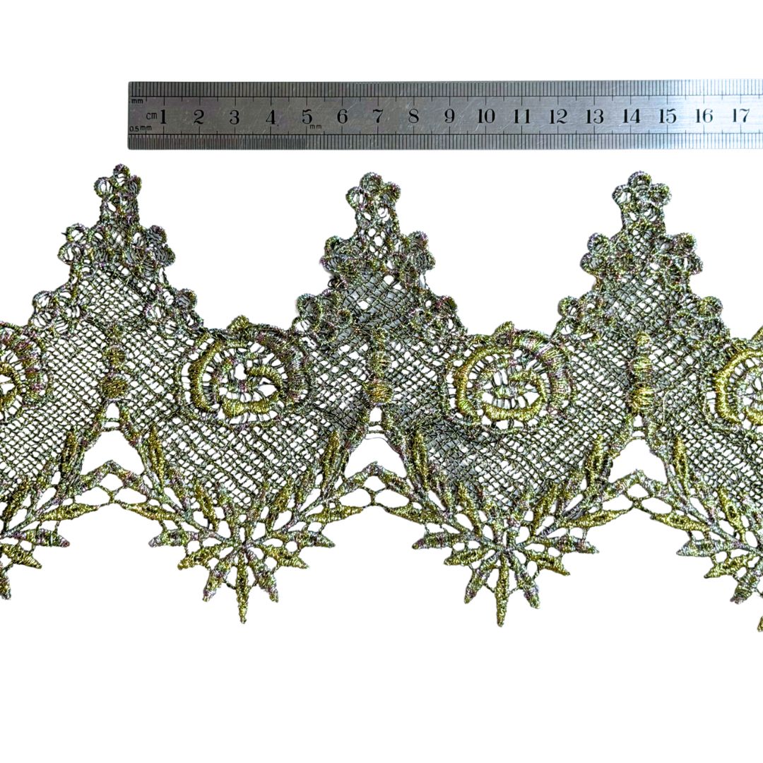 Vintage Lace Metallic Gold and Silver with soft rainbow, 12cm wide, sold per meter