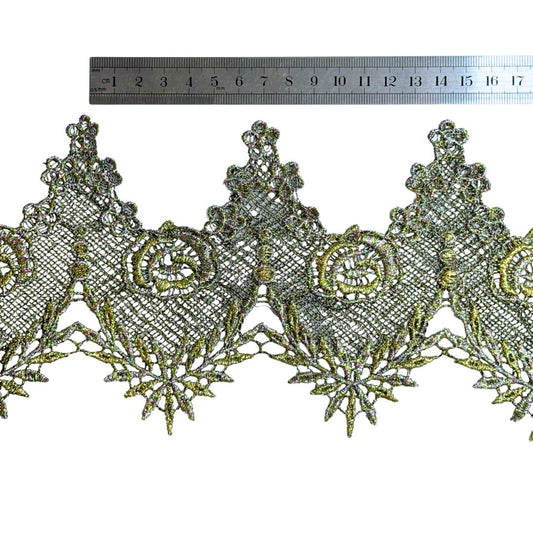 Vintage Lace Metallic Gold and Silver with soft rainbow, 12cm wide, sold per meter