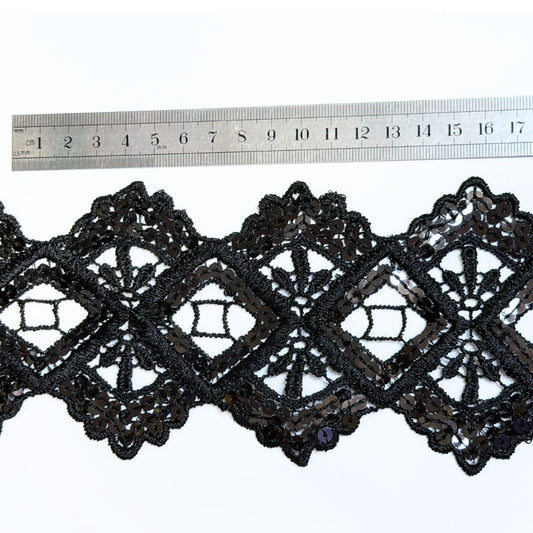 Vintage Lace with Sequins Black, 9.5cm wide, sold per meter