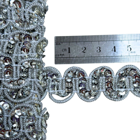 Vintage Metallic Sequin Braid Silver, 23mm wide, sold per meter